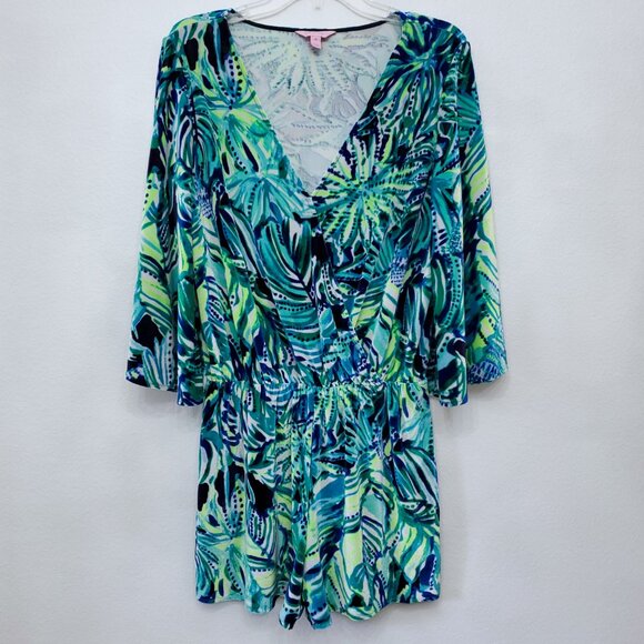 Lilly Pulitzer Viviana Romper Green Navy Armadilly Tropical Velour Medium - Picture 3 of 15